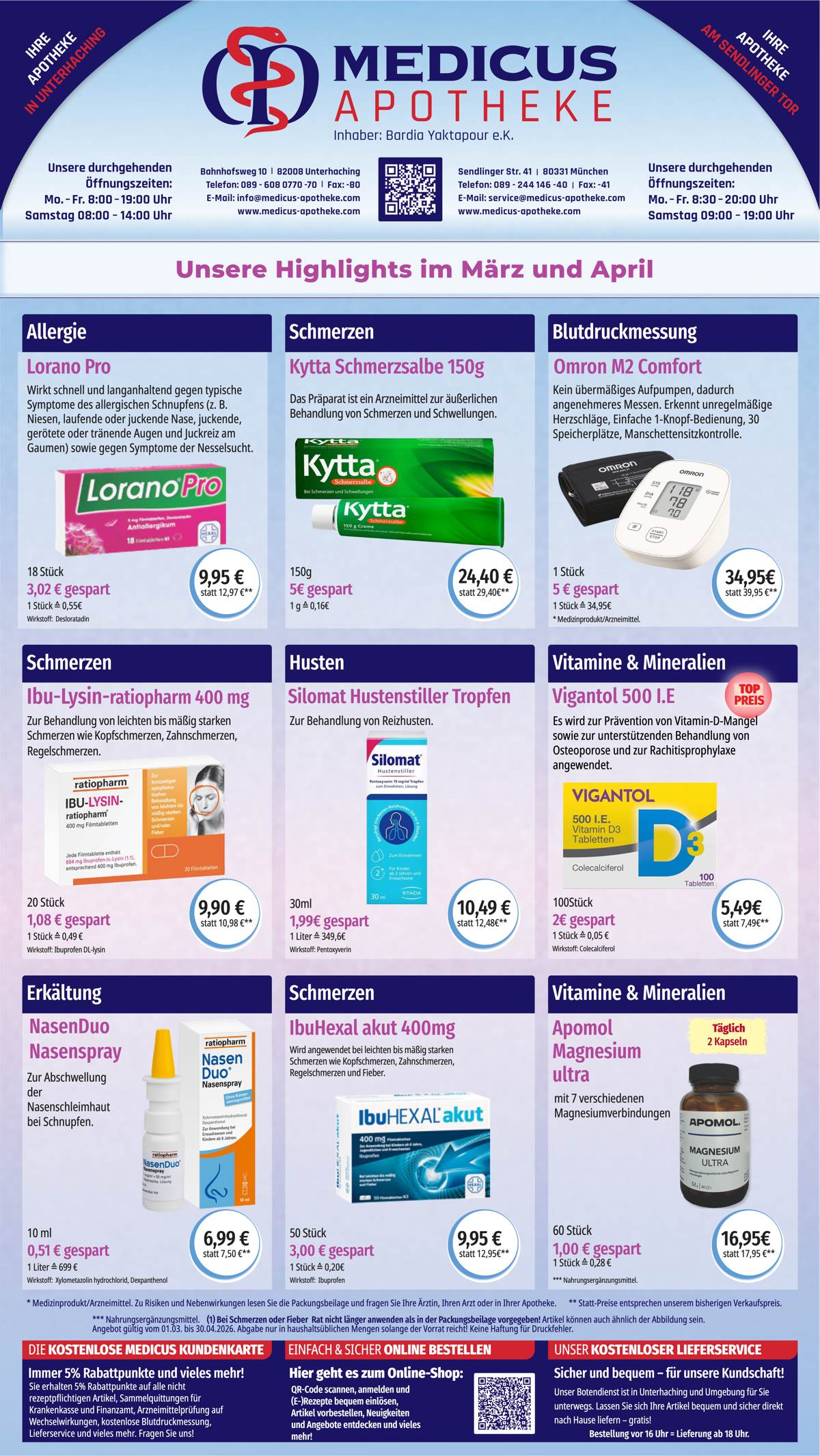 Monatlicher Angebotsflyer der Apotheke mit Informationen zu Öffnungszeiten, Leistungen, Aktionen und wechselnden Produktangeboten aus Bereichen wie Gesundheit, Pflege und Selbstmedikation.